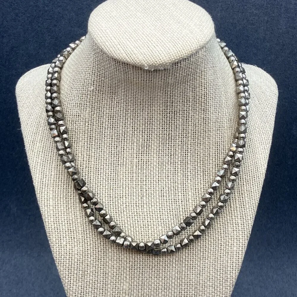 Moon C Paris Necklace Silver Dual Strand Geometric Beads Adjustable Chain BoHo - Picture 1 of 8